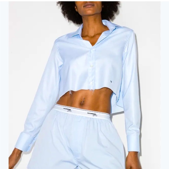 Homme Girls Light Blue Cropped Button-Up Shirt Sz L - Picture 1 of 7